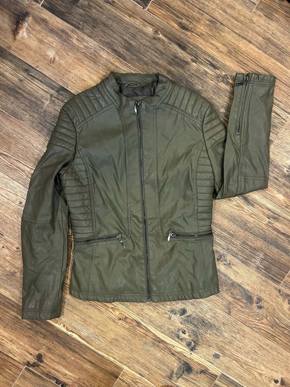 Mssp Faux Leather Moto Jacket Size M Olive Green Quilted